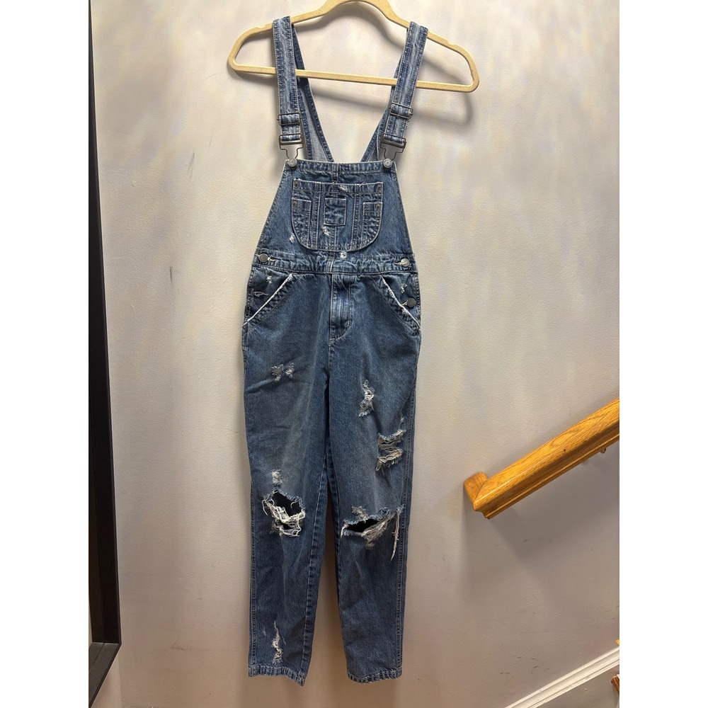 Carmar Denim Distressed Overalls  Ripped Straight Leg Carpenter Blue‎ 26X28.5